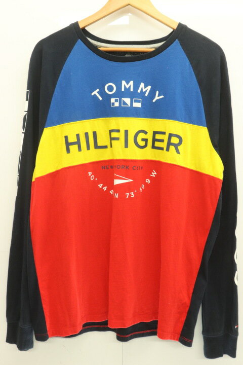 【中古】 TOMMY HILFIGER メンズロンT L ロンT TOMMY HILFIGER L 黒 ブラック 青 ブルー 赤 レッド 黄 イエロー クレイジーパターン