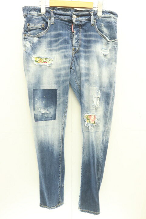 Rakuten - 【中古】 DSQUARED2 メンズデニムパンツ 50 MEDIUM DARK KNEE & LEG PATCH WASH SKATER DENIM JEANS DSQUARED2 50 インディゴブルー 藍 ダメージ加工