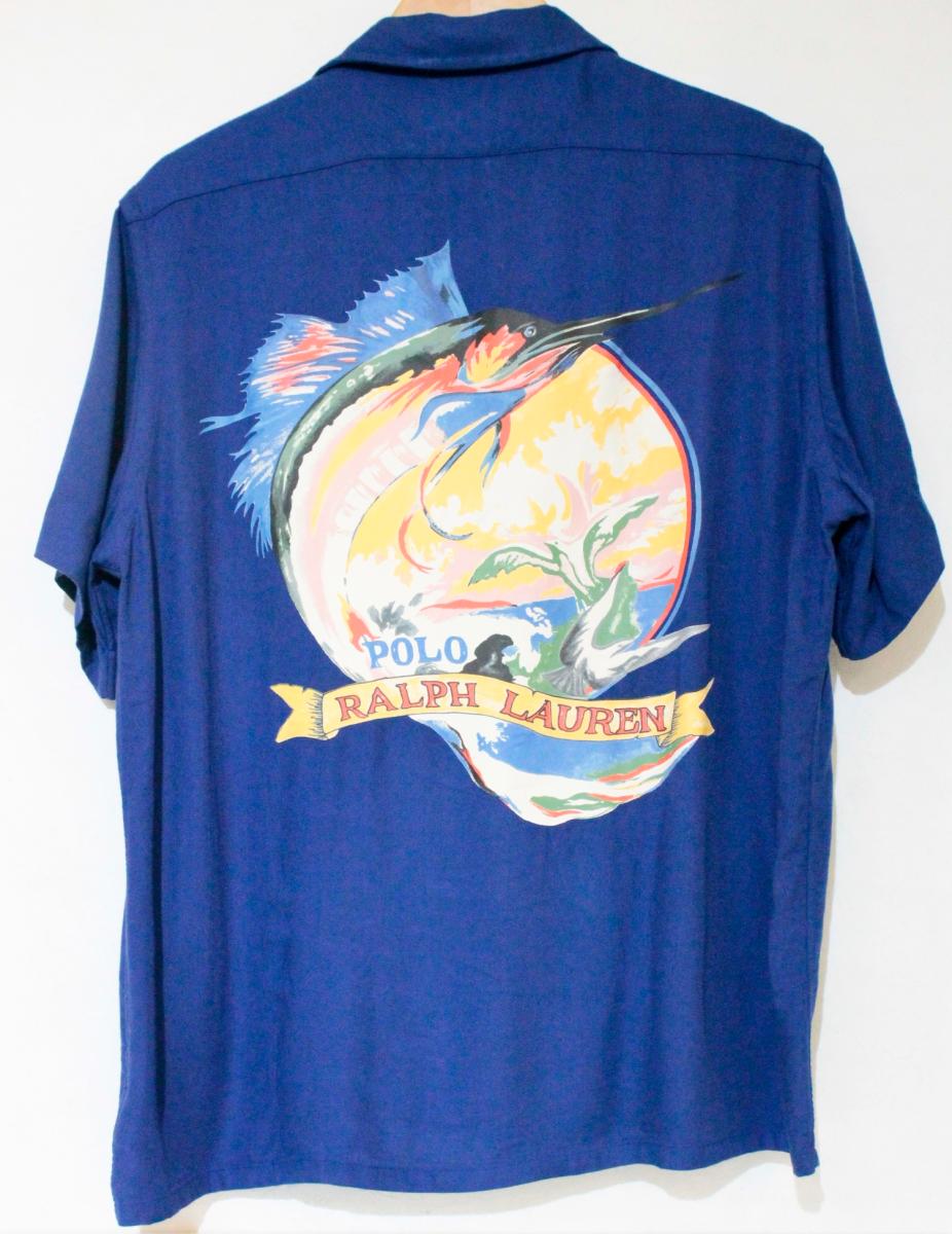 【中古】 Polo by Ralph Lauren メンズ半袖シャツ M Polo by Ralph Lauren/Classic Fit Print Gabardine Camp Shirt/半袖シャツ/M/紺 ネイビー/バックプリント/