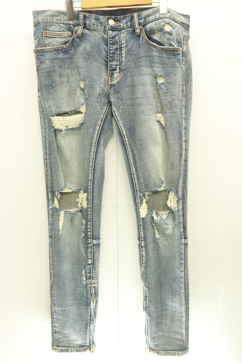 【中古】 mnml メンズデニムパンツ 34 デニムパンツ mnml 34 水色 アクアブルー ダメージ加工