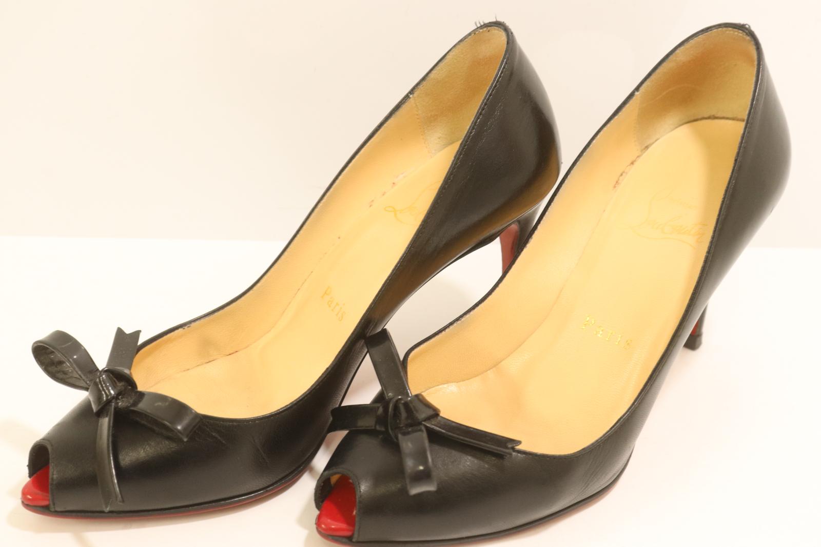 Rakuten - 【中古】 Christian Louboutin レディースパンプス 22cm オープントゥ リボンパンプス Christian Louboutin 22cm 黒 ブラック 無地