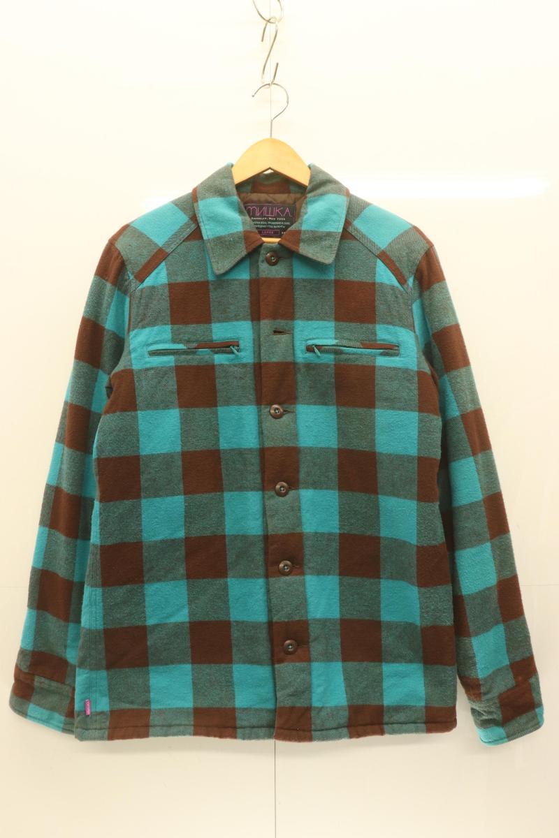 【中古】 mnwka メンズ中綿ジャケット L 中綿ジャケット mnwka L 茶 ブラウン 青 ブルー チェック