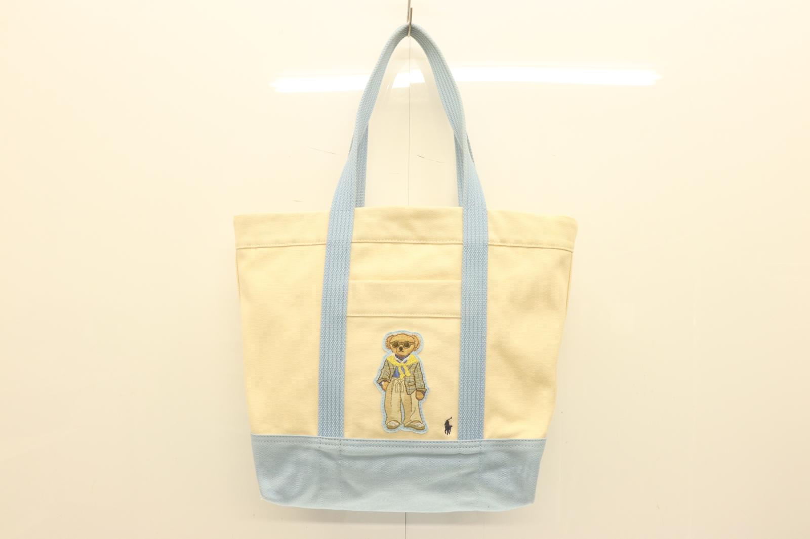 【中古】 Polo by Ralph Lauren メンズトートバッグ -- キャンバス トートバッグ Polo by Ralph Lauren -- 水色 アクアブルー アイボリー ワッペン ベア