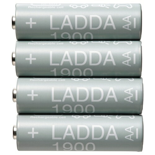 充電式電池に切り替えれば、お金が節約でき、ゴミを減らせます。アルカリ電池を頻繁に使用しているなら特におすすめです。必要になったときに、使える電池が手元にあるのはとても便利ですアルカリ電池を頻繁に使用するなら、LADDA/ラッダ 充電式電池に切り替えることで、長期的にみるとお金の節約、ゴミの削減、環境への影響の低減を実現できますLADDA/ラッダ 充電式電池はあらゆる種類の製品に使えます。サステナビリティの観点から、スピーカー、おもちゃ、懐中電灯、カメラなどの消費電力が大きく、電池を頻繁に交換する必要のある機器に使う電池として最適なソリューションです。充電式電池は繰り返し使えます。アルカリ電池は非充電式の使い捨て電池。使い終わったら廃棄しなければなりません充電式電池を家に用意しておくと、電池を使いたいときにいつでも使えて、新しい電池を頻繁に買う必要がなくなりますLADDA/ラッダ 充電式電池は、充電済みで販売されています。最大1000回まで充電が可能ですそのまま使えます充電式電池には必ず対応の充電器を使用してくださいLADDA/ラッダ 電池を充電するための充電器を、STENKOL/ステンコル、TJUGO/チューゴなどから選べます充電が完了したら、充電池から電池を取り外してください電池のプラス極（+）とマイナス極（?）の表示をきちんと確認し、充電器または製品に正しく入れてください必ず製品に適した電池をお使いください。古い電池と新しい電池、ブランドや種類の異なる電池を混ぜて使わないでください使用済み電池は、お住まいの地域の分別ルールに従ってリサイクルに出してください廃棄は各自治体の規則に従って適切に行ってください電圧：1.2Vバッテリー容量：1900mAhスチール, PET樹脂【商品の大きさ】パッケージ個数: 4 ピースIKEA/イケア/いけあ/オンライン/ストア/ショップ/通販/509814