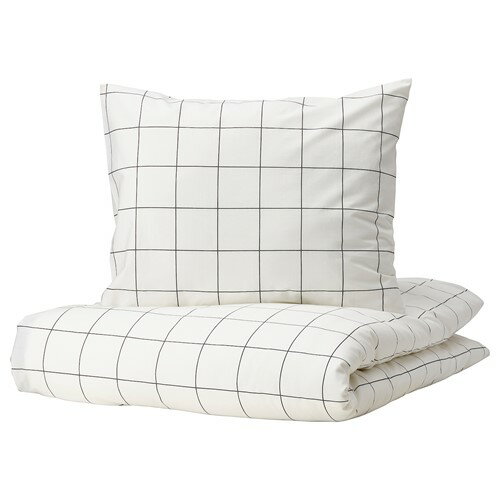 [IKEA/イケア/通販]VITKLOVER ヴィートクローヴェル 掛け布団カバー＆枕カバー, ホワイト ブラック/チェック[A](a)(50490666)
