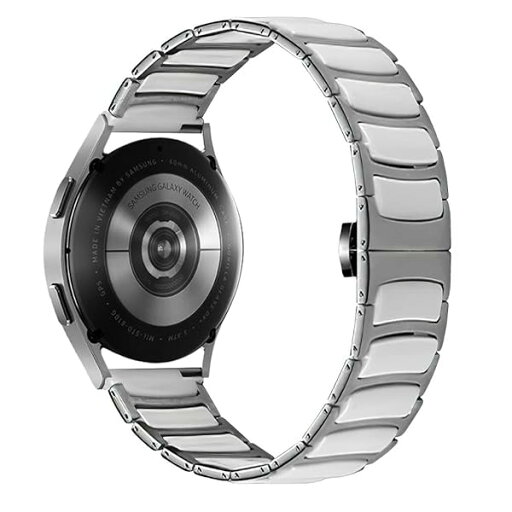 サムスン時計6/5/4用セラミックバンド、シルバーシンスチールインレイセラミック20mmリンクブレスレットストラップ、Samsung Galaxy Watch 7 FE 6 5 4,40/42/43/44/45/46/47mm,Huawei GT 4