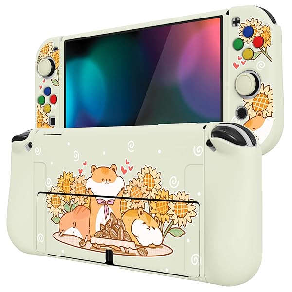 ZealProtect Switch有機elに対応用ソフト保護シェル、Switch OLEDに対応用フレキシブルプロテクター、ジョイコンサムグリップキャップとABXY方向ボタンキャップ付き、カワイイパターン【ハムスターとヒマワリ】