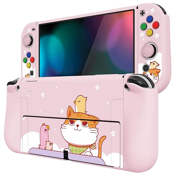 ZealProtect Switch有機elに対応用ソフト保護シェル、Switch OLEDに対応用フレキシブルプロテクター、ジョイコンサムグリップキャップとABXY方向ボタンキャップ付き、カワイイパターン【ネコとトリ】