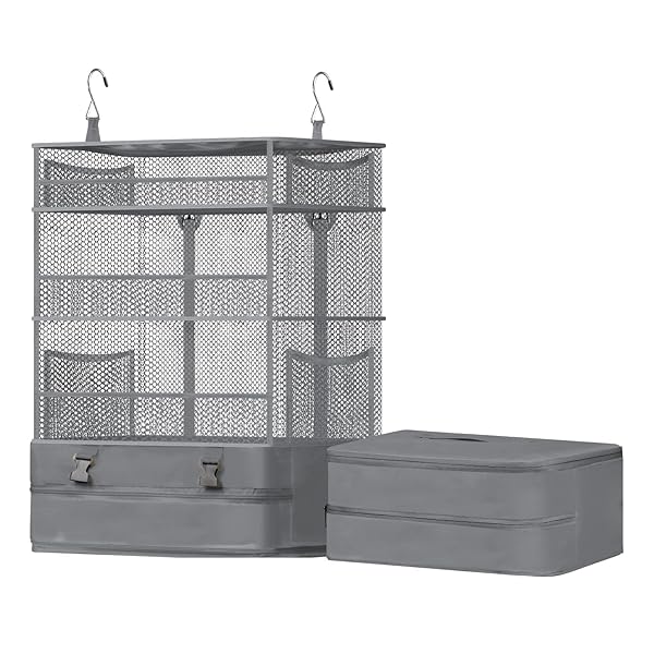 吊り下げ収納 トラベルポーチ 落下防止ネット付き クローゼット 旅行 出張 ポータブル 吊り下げ収納ケース 衣類ラック 収納 大容量 4段 省スペース 折り畳み式 取付簡単 トラベル 吊り下げ 通気性 防臭 (グレー, Large)