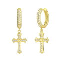 KRKC&CO クロス ピアス 十字架 フープピアス ジルコニア メンズ シルバー925 両耳 15mm直径 14K金メッキ 金属アレルギー対応 レディース 揺れる ドロップピアス CZダイヤ キラキラ (CHクロス-CZ)