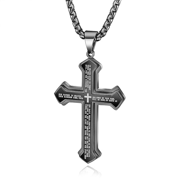 人気 ブランド ブラックネックレス 十字架 メンズ ステンレスチェーン シンプル アンティーク クロスペンダント 刻印 お守り 大きい十字架 黒 (黒)