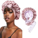 サテンボンネット シルク スリープキャップ ヘアボンネット レディース 伸縮性 タイバンド ヘアキャップ 巻き毛用 シルクヘアラップ, ビーンペースト + ラベ...