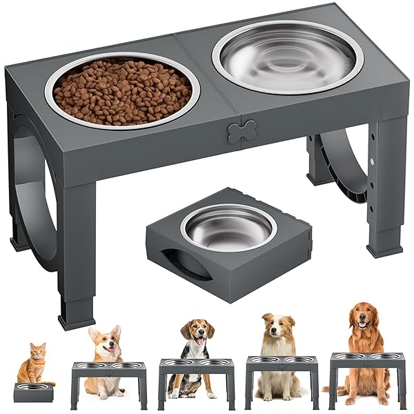 犬 食器台 ペット 餌台 ステンレスボウル 食器 エサ台 4段階 高さ調節可能 餌入れ 犬 ご飯台 (グレー)