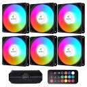 upHere ARGB 120mm PCケースファン 6PINコネクタ静音 高性能 5V 3PIN ARGBマザーボードAURA Sync同期 ファンハブ+リモート付 6本1セット 黒い枠と黒いブレード【NK1206-6】…(2)