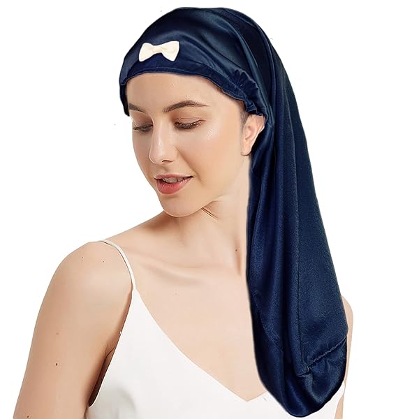 ナイトキャップ シルク100％ ロングヘア用 かわいい シルクキャップ 25匁 ヘアキャップ リボン付き サイズ調整 ヘアケア 寝癖防止 枝毛防止 誕生日プレゼント女性 人気 母の日のプレゼント (長さ60cm, ネイビー（ゴム）)