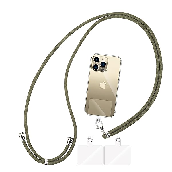 スマホストラップ 首掛け, ショルダーストラップ 1本+透明タグパッチ3枚入り ネックストラップ 肩掛け用 ロング 携帯ストラップ 斜めがけ 首から下げる 長さ調整可能 忘れ物防止 スマホ紛失予防に 全機種対応 スマホストラップ, [カーキ]