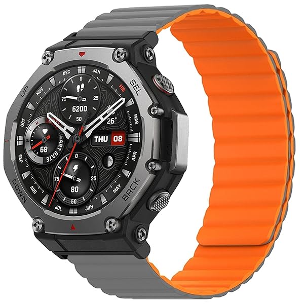 時計バンドFor Amazfit T-Rex 3用バンド マグネット式 磁気吸着 シリコン表面 スムース手触り (オレンジ＋グレー)