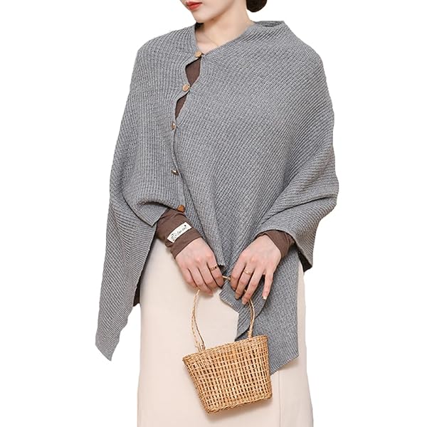 楽天彩り堂レディース 大判 マフラー ストール ショール ポンチョ パーティー 冷房対策 防寒 ボタン付き 厚手 ニット肩掛け 膝掛け ボタンストール 結婚式 厚手 誕生日 プレゼント （グレー 1）