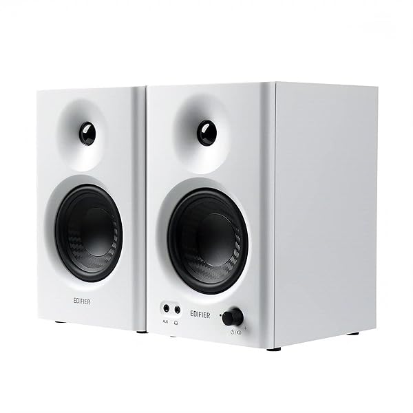 MR4 42W モニタースピーカー、4インチ中低音スピーカー 音質高、PC dtm 作曲 スタジオモニター用有線外付けスピーカー、TRSバランス/RCA/AUX入力、3.5mm ヘッドホン端子出力、アンプ内蔵 2台1組 ホワイト