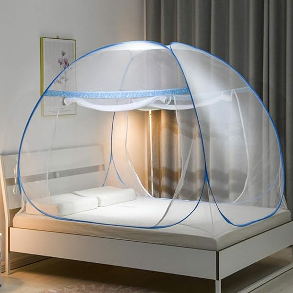 蚊帳（かや） 幅120cm ワンタッチ 2ドアタイプ テント式 蚊帳んぽ モスキートネット 虫/蚊よけ ムカデ対策 大人 兼用 折りたたみ 両面ファスナー 底生地付き 収納便利 収納袋付 日本語説明書付 ブルー 120x190x130cm