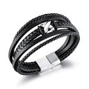 ブレスレット メンズ レザー シンプル ブラック ステンレス 磁気ボタン 編み 多連 メンズブレスレット シルバー (195)(4)