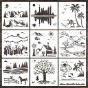 9枚セット描画テンプレート ステンシルシート プレート風景 子供 手帳用 製図用 絵画テンプレート 描画ツール 絵描き道具 塗り絵 DIYアルバム 絵図 手帳用...