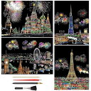 4枚入 スクラッチアート A4サイズ 彫刻アート 削るだけで美しいアート レインボー絵 面白い塗り絵 花火 夜景 花畑 観覧車 DIY 手作り 虹絵 スクラッチ極細ペン付き プレゼント 部屋飾り 21*29cm (ロシア風景 4枚入)