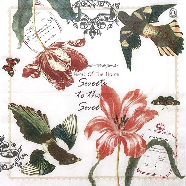 結婚式・ディナー・ティーパーティー用カラーペーパーナプキン 20枚入り シャビーシックデザイン シャワーパーティー用, 鳥とチューリップ