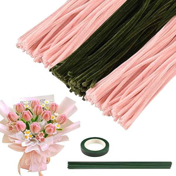 手芸モール チューリップの手芸キット ピンク+グリーン 約300本 6mm カラーモール 人工花茎20本 フラワーテープ1巻付き DIY モールフラワー インテ...