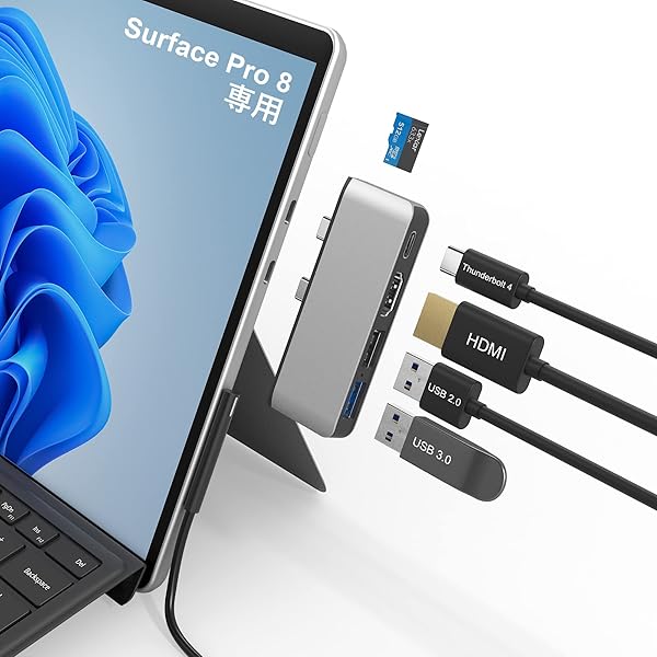 Surface Pro 8 USB ハブ USB-C Thunerbolt 4 (ディスプレイ+データ+PD充電) + 4K HDMIポート + USB3.0 + USB2.0 + TF (Micro SD) カードスロット マルチポート Surfa