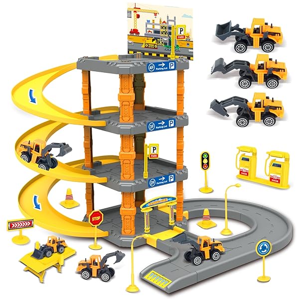 建設車両 おもちゃ 大工さん ごっこ遊び 作業車セット スロープ おもちゃ ブルドーザー ショベルカー 車 レール 子供 立体駐車場 パーキングタワー ミニ建設車両 ガレージ 子供向け 誕生日 クリスマス プレゼント (駐車場-51P)