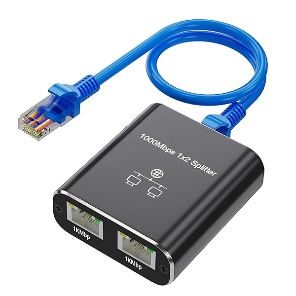 スイッチングハブ LAN ハブ 1入力2出力 Cat6ケーブル付き(1.5m) LAN 分配器 RJ45 高速1000Mbps ネットワーク分配器 2台同時使用 Cat5/Cat5e/Cat6/Cat7/Cat8対応 ネットワーク拡張 二股同時出力