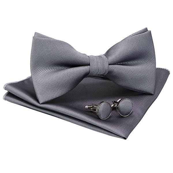 無地蝶ネクタイとポケットチーフ カフスボタン付き メンズ グレー2