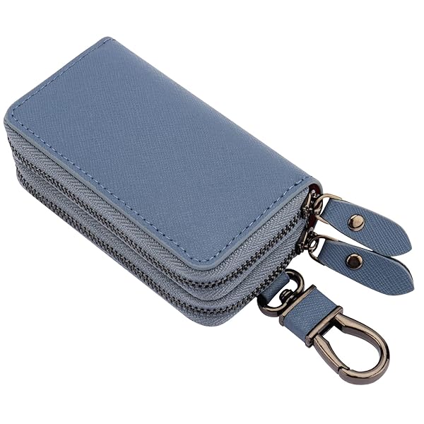 キーケース メンズ レディース スマートキーケース 2つ 鍵が同時収納 キーケース ダブルポケット 革 多機能 便利 (ブルー)