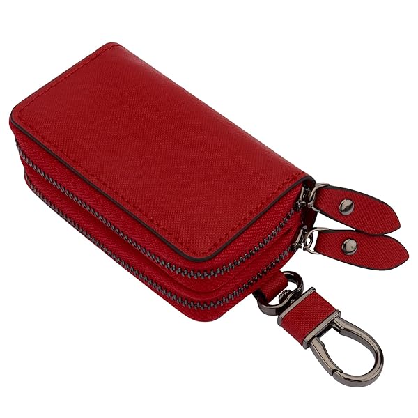 キーケース メンズ レディース スマートキーケース 2つ 鍵が同時収納 キーケース ダブルポケット 革 多機能 便利 (レッド)