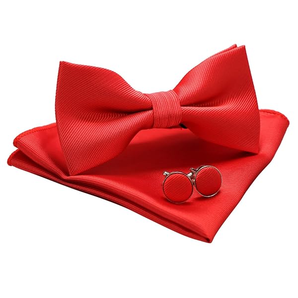 無地蝶ネクタイとポケットチーフ カフスボタン付き メンズ 赤2