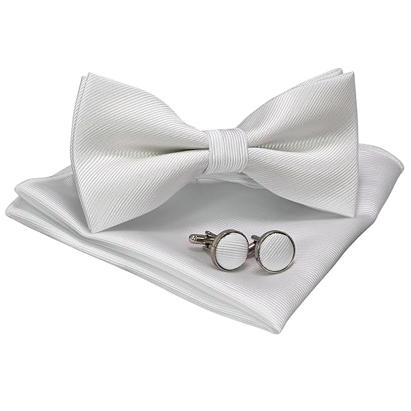 無地蝶ネクタイとポケットチーフ カフスボタン付き メンズ 白2