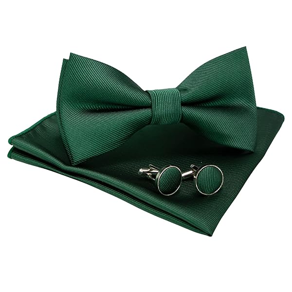 無地蝶ネクタイとポケットチーフ カフスボタン付き メンズ ダークグリーン2