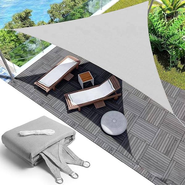日除けシェード 屋外 グレー 遮光ネット 三角形5M*5M*5M 花壇 日よけ 植物 シェード 庭 廊下 ベランダ ..