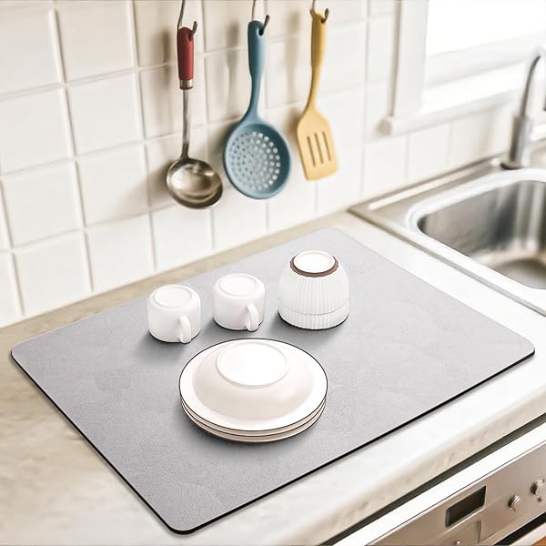 水切りマット 珪藻土 キッチン 食器 水切り 40x30cm 食器乾燥マット 丸めて 収納 滑り止 皿置き 耐油 速乾 吸水マット 棚シート ライトグレー