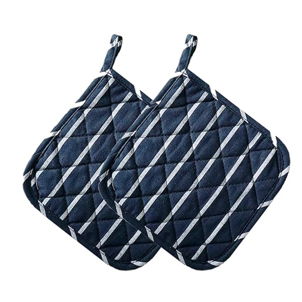 鍋敷き 断熱パッド 耐熱マット ポットホルダー 2枚セット ストライプ 鍋つかみ 耐熱 滑り止め 洗える おしゃれ キッチン雑貨 (ストライプネイビー)