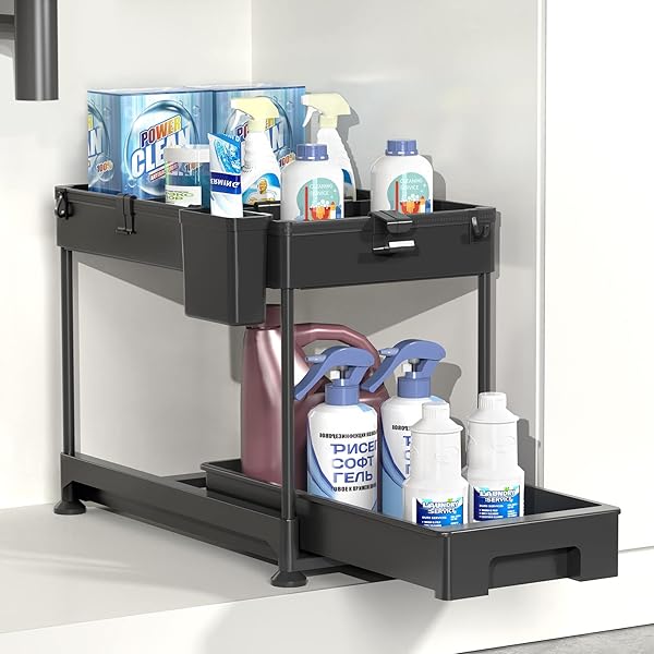シンク下 スライド式収納ラック 2段 幅22cm 引き出し式 キッチン収納 洗面台下 収納 調味料 隙間収納 組立簡単 省スペース ブラック