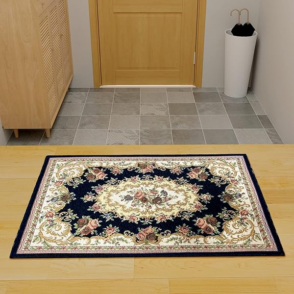 玄関マット 洗える 花柄 ゴブラン織り 滑り止め 60×90 丸洗い 北欧 屋内 吸水速乾 抗菌防臭 耐磨耗性 床暖房対応 オールシーズン適用マット (ネイビー)