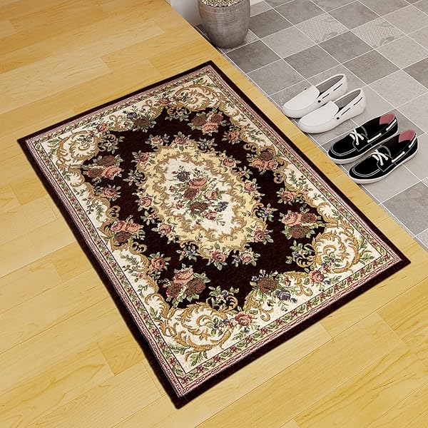玄関マット 室内 おしゃれ 花柄 洗える 玄関マット 泥落とし ゴブラン織り 滑り止め 60×90 丸洗い 玄関 マット 北欧 屋内 自宅 吸水速乾 抗菌防臭 耐磨耗性 滑り止め 床暖房対応 オールシーズン適用マット (ブラウン)