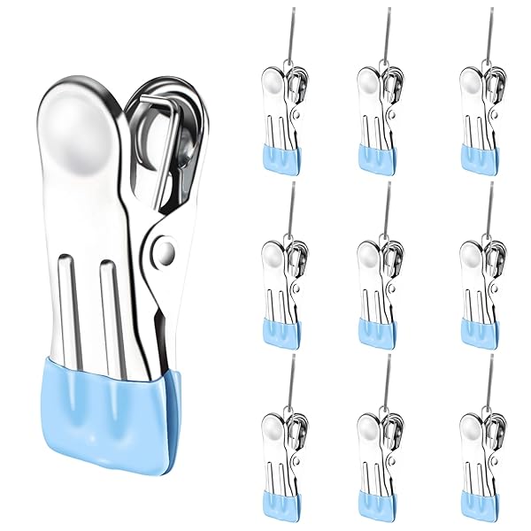 MITUKE【2025年強力型】モノクリップ 洗濯ばさみ 洗濯バサミ 洗濯ピンチ ステンレス製 錆びに強く ノンスリップ すべらない 洗濯クリップ ハンガー (接続バックル付き-20個/ブルー)