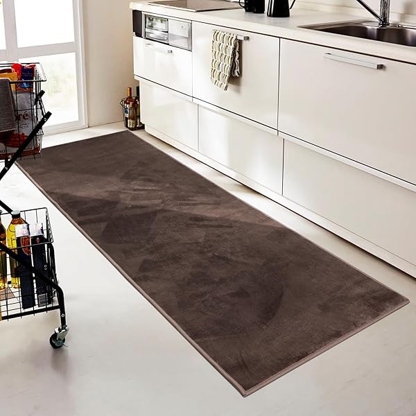 キッチンマット フランネルマット 43×180cm キッチンラグ マット 滑り止め付き フランネル生地 短毛 洗える ラグマット お手入れ簡単 床暖房対応 オールシーズンで使える おしゃれ シンプル 無地 ブラウン