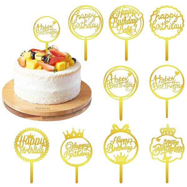 ゴールド ケーキトッパー 9枚セット Happy Birthday ケーキ挿入カード お誕生日 ウエディング 結婚式 パーティー ケーキ飾り 飾り付け (9pcs)