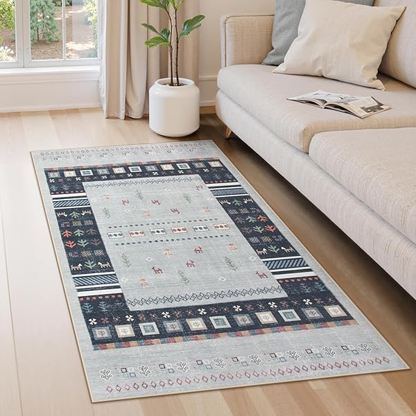 ラグ 春 夏 90х150cm 洗える ラグマット 約1畳 エスニック風 民族 オールシーズン適用 滑り止め 床保護 防音 一人暮らし シェニール ラグ 耐磨耗性 軽量 ギャベ柄 グレー