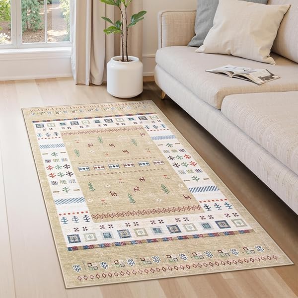 ラグ 春 夏 90х150cm 洗える ラグマット 約1畳 エスニック風 民族 オールシーズン適用 滑り止め 床保護 防音 一人暮らし シェニール ラグ 耐磨耗性 軽量 ギャベ柄 カーキ