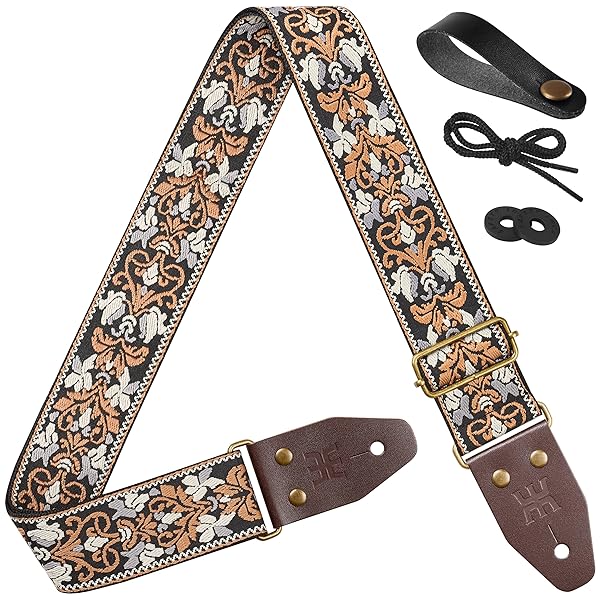 ギターストラップ フラワーオブライフ刺繍 トップグレインレザー ベース用 エレクトリック&アコースティック用 (ブラック), ブラック, 37.5“- 64“